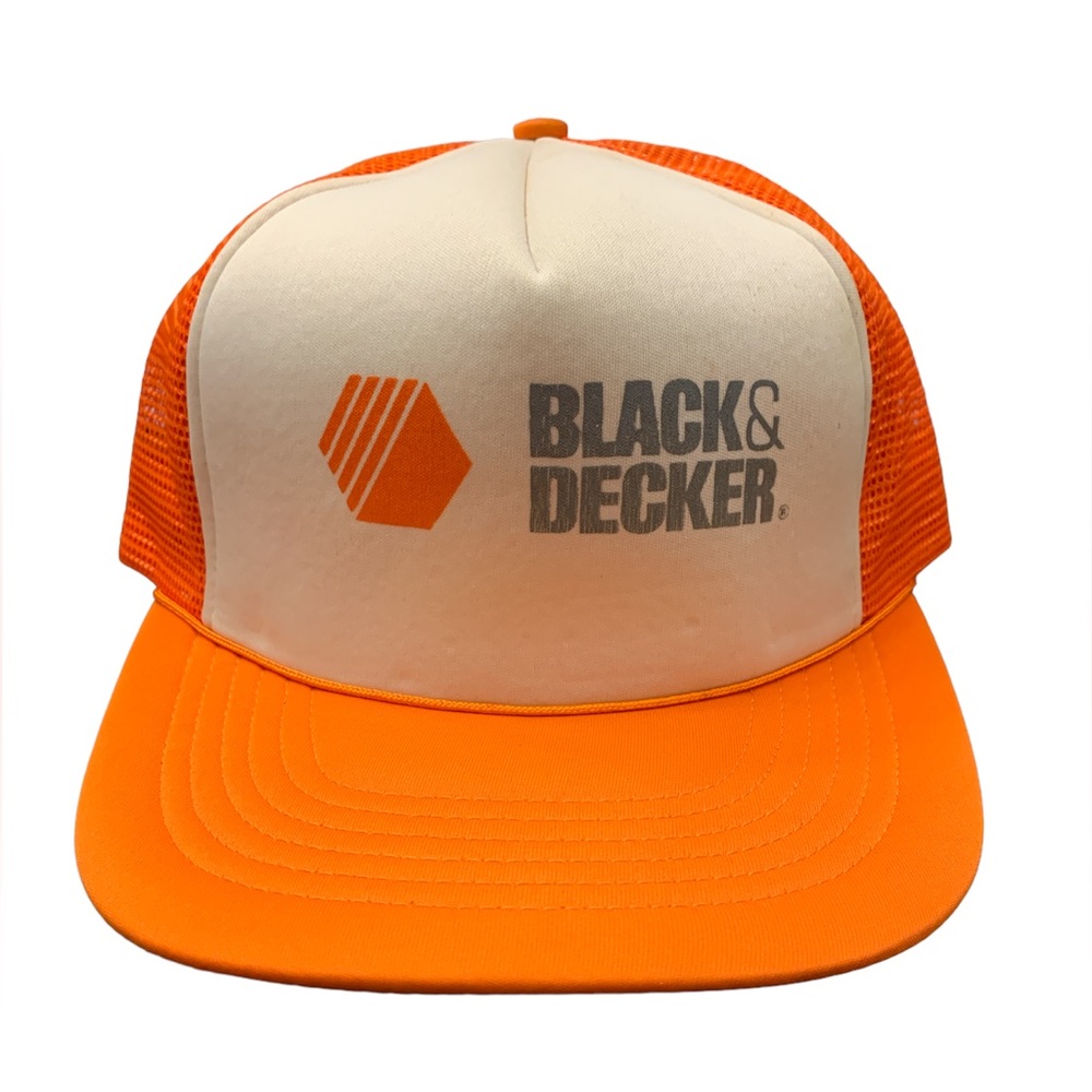 BLACK & DECKER vintage orange and white adjustable snapback Supreme Trucker hat.